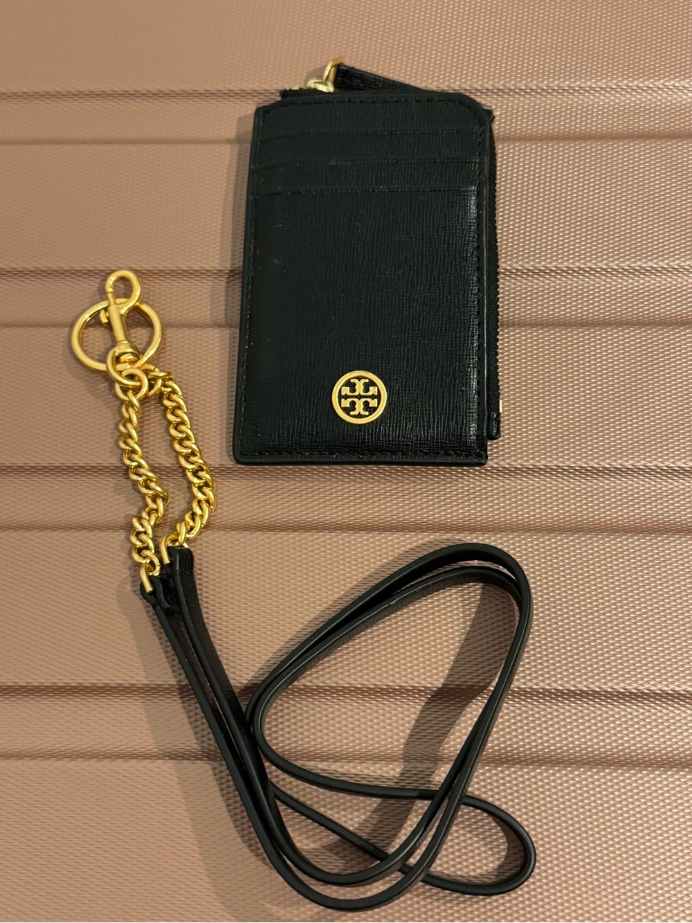 Tory Burch Black Leather Cardholder with Gold Chain Lanyard and Logo